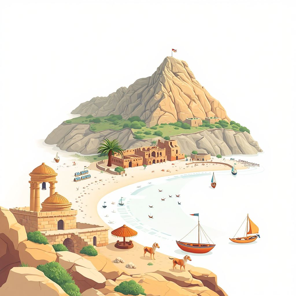 Ultra-high-definition gradient illustration style Dellys illustration, showing the unique charm of Dellys Beach, the ruins of the ancient Roman city of Rusicade.
