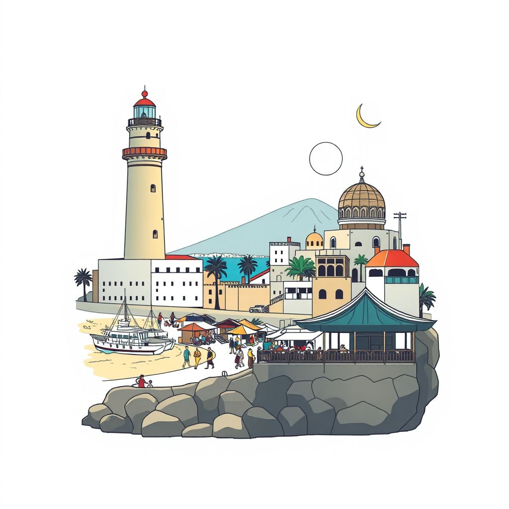 Ultra-high-definition gradient illustration style Khemis El Khechna illustration, showing the unique charm of the Boumerdes Lighthouse, the beautiful beaches, and the local market.