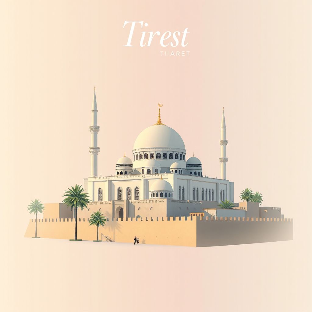 Ultra-high-definition gradient illustration style Tiaret illustration, showing the unique charm of the Great Mosque of Tiaret, and the historic city walls.