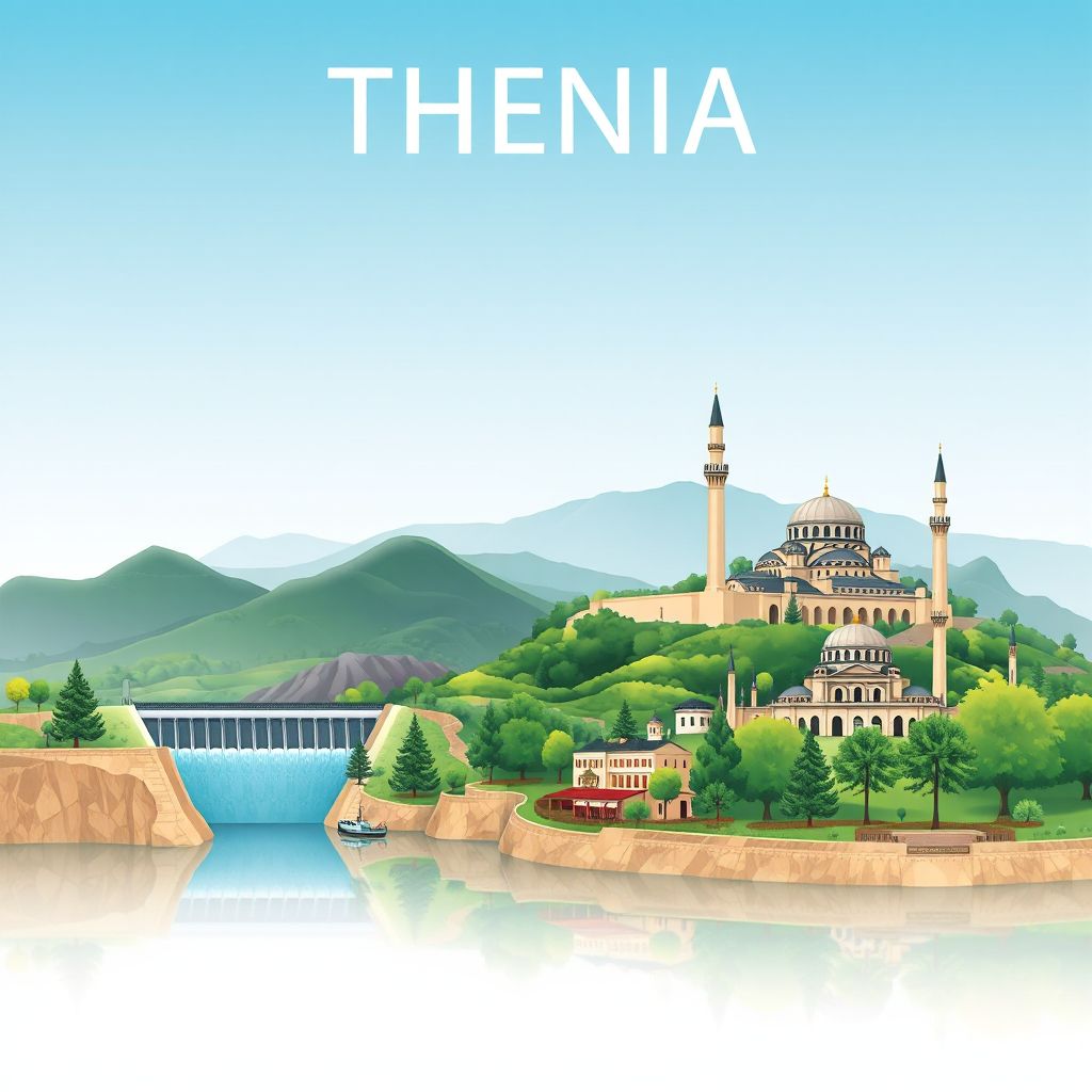 Ultra-high-definition gradient illustration style Thenia illustration, showing the unique charm of the Thenia Dam, the Thenia Forest, the Thenia Mosque.