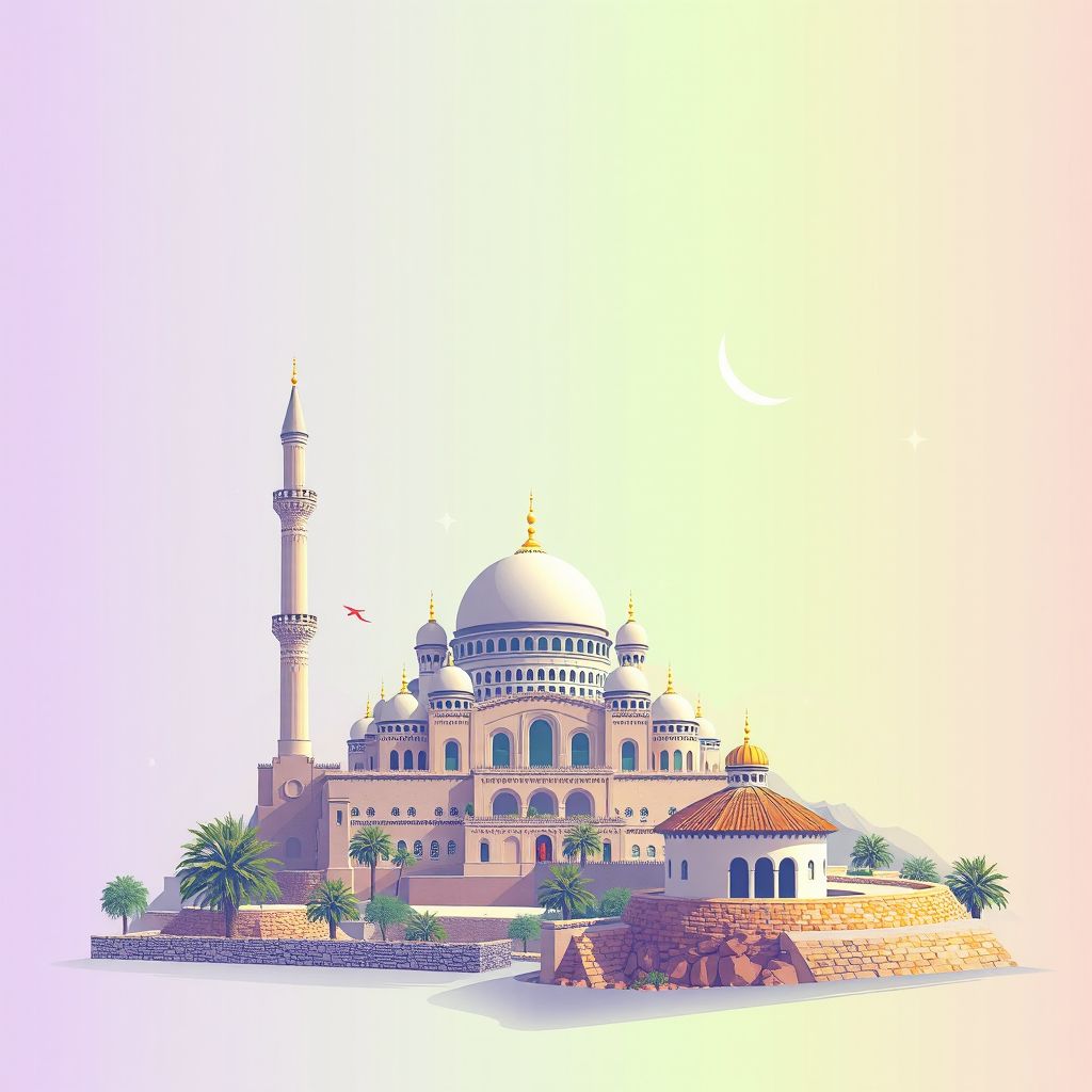 Ultra-high-definition gradient illustration style Beni Haoua illustration, showing the unique charm of the Beni Haoua Mosque and the beautiful landscapes of the Chlef region.