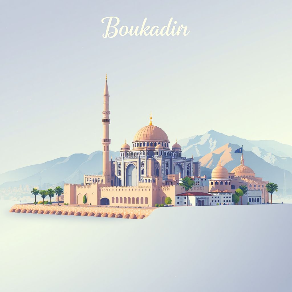 Ultra-high-definition gradient illustration style Boukadir illustration, showing the unique charm of the Boukadir Mosque and the landscapes of the Chlef region.