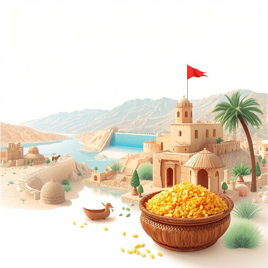 Ultra-high-definition gradient illustration style Oued Fodda illustration, showing the unique charm of the Oued Fodda Dam and historic ruins of Tiddis.