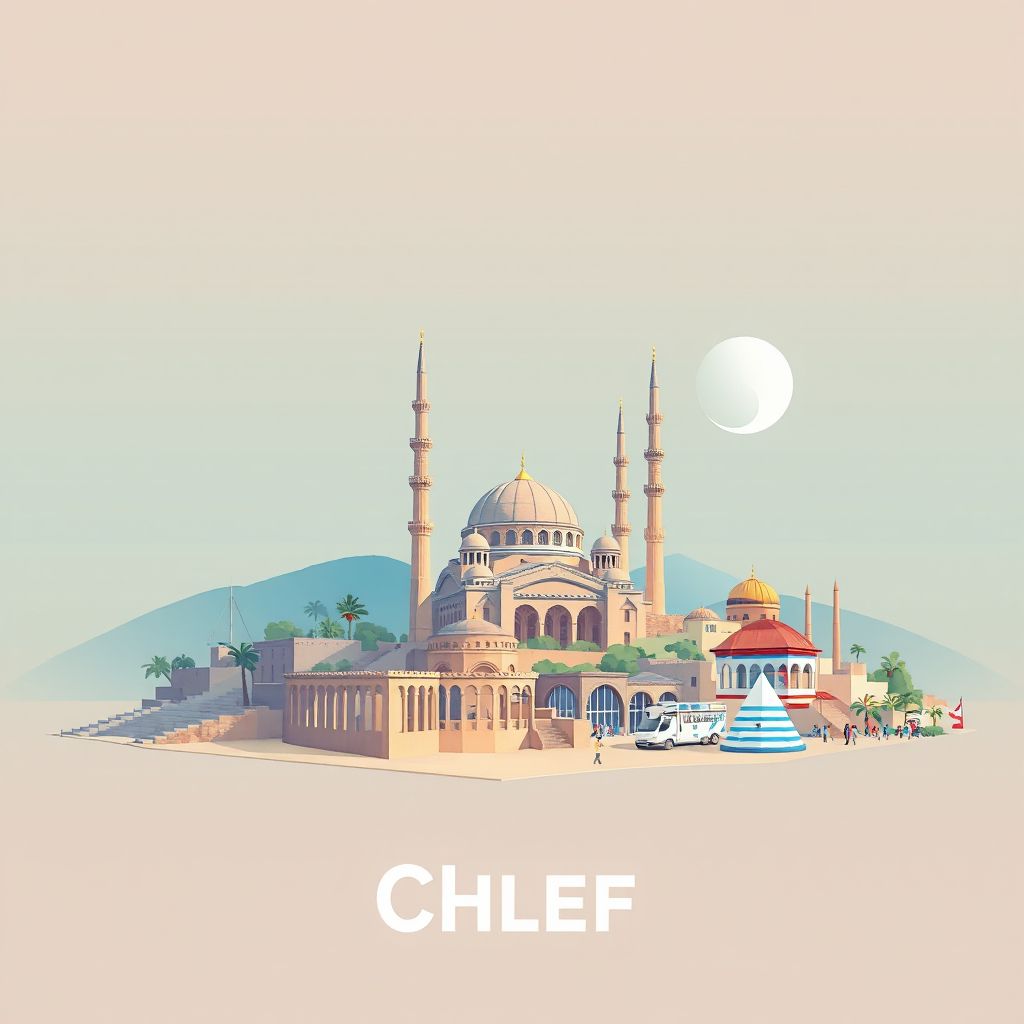 Ultra-high-definition gradient illustration style Chlef illustration, showing the unique charm of the Great Mosque of Chlef, the ruins of the Roman city of Caesarea, and the beautiful Chlef Beach.