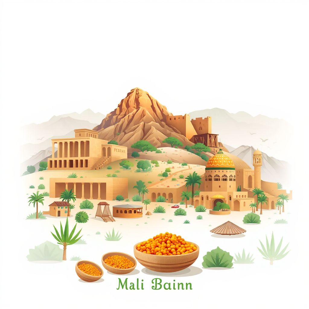 Ultra-high-definition gradient illustration style Terrai Bainen illustration, showing the unique charm of the ancient ruins of Djebel Taya, the Aurès Mountains.