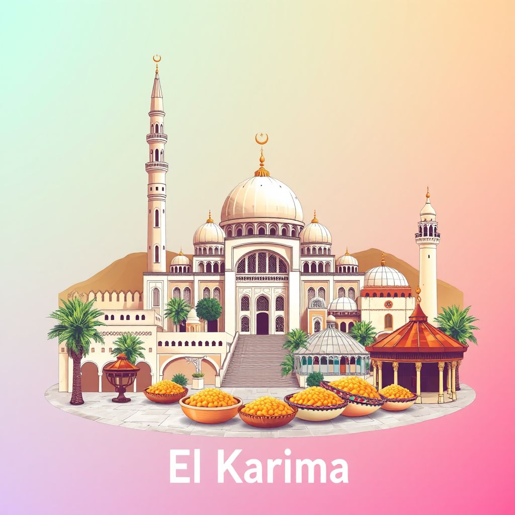 Ultra-high-definition gradient illustration of El Karimia, Chlef, Algeria, featuring the Great Mosque of Chlef and traditional Algerian cuisine.