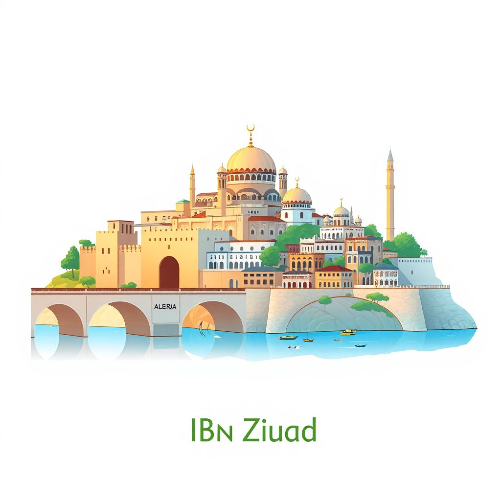 Ultra-high-definition gradient illustration style Ibn Ziad illustration, showing the unique charm of the Constantine Bridge, the Royal Mosque, and the Cirta Archaeological Park.