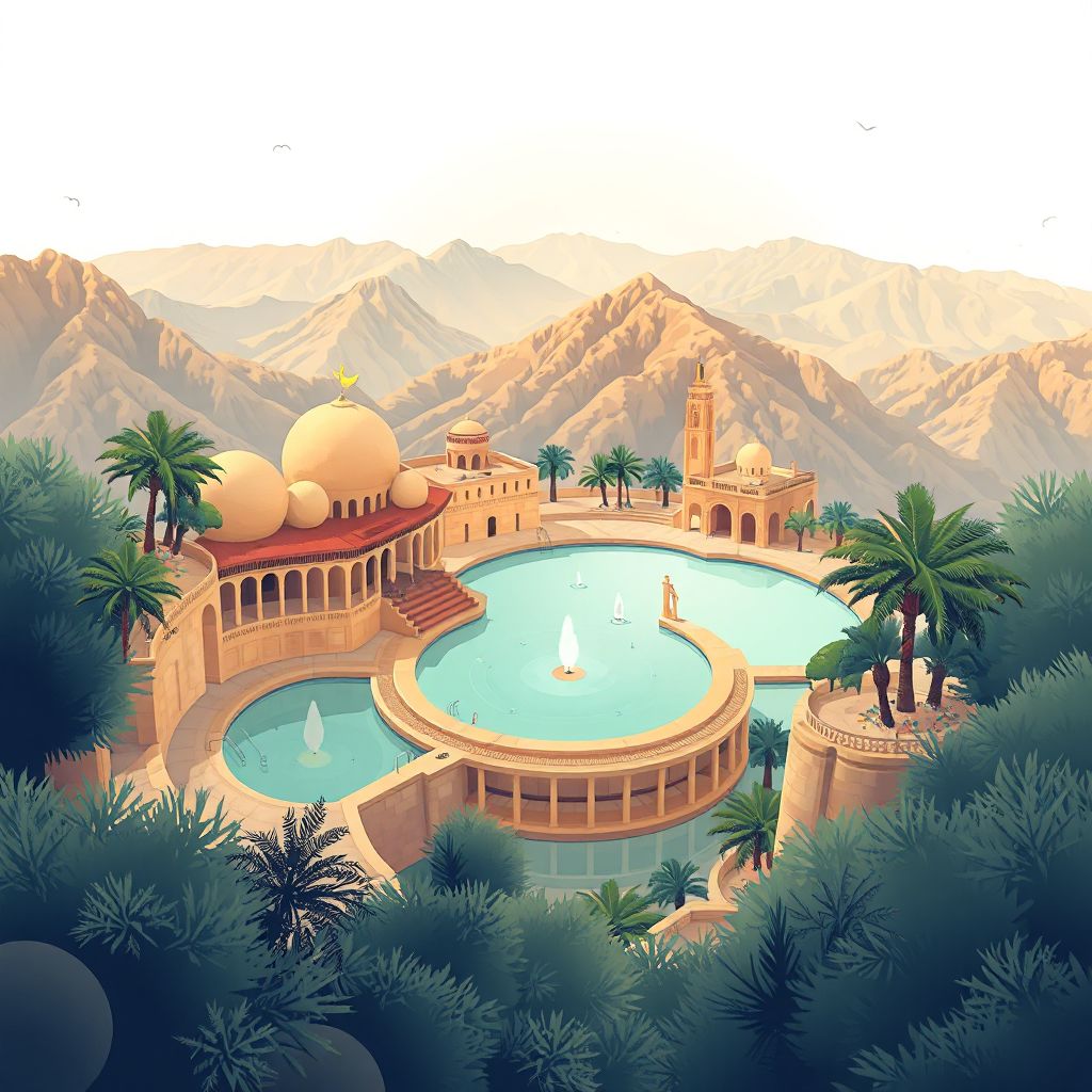 Ultra-high-definition gradient illustration style Hammam N'bails illustration, showing the unique charm of the Hammam N'bails Thermal Baths and the surrounding mountains.