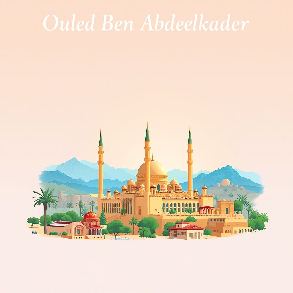 Ultra-high-definition gradient illustration style Ouled Ben Abdelkader illustration, showing the unique charm of the Great Mosque of Chlef and the beautiful landscapes of the Ouled Ben Abdelkader region.