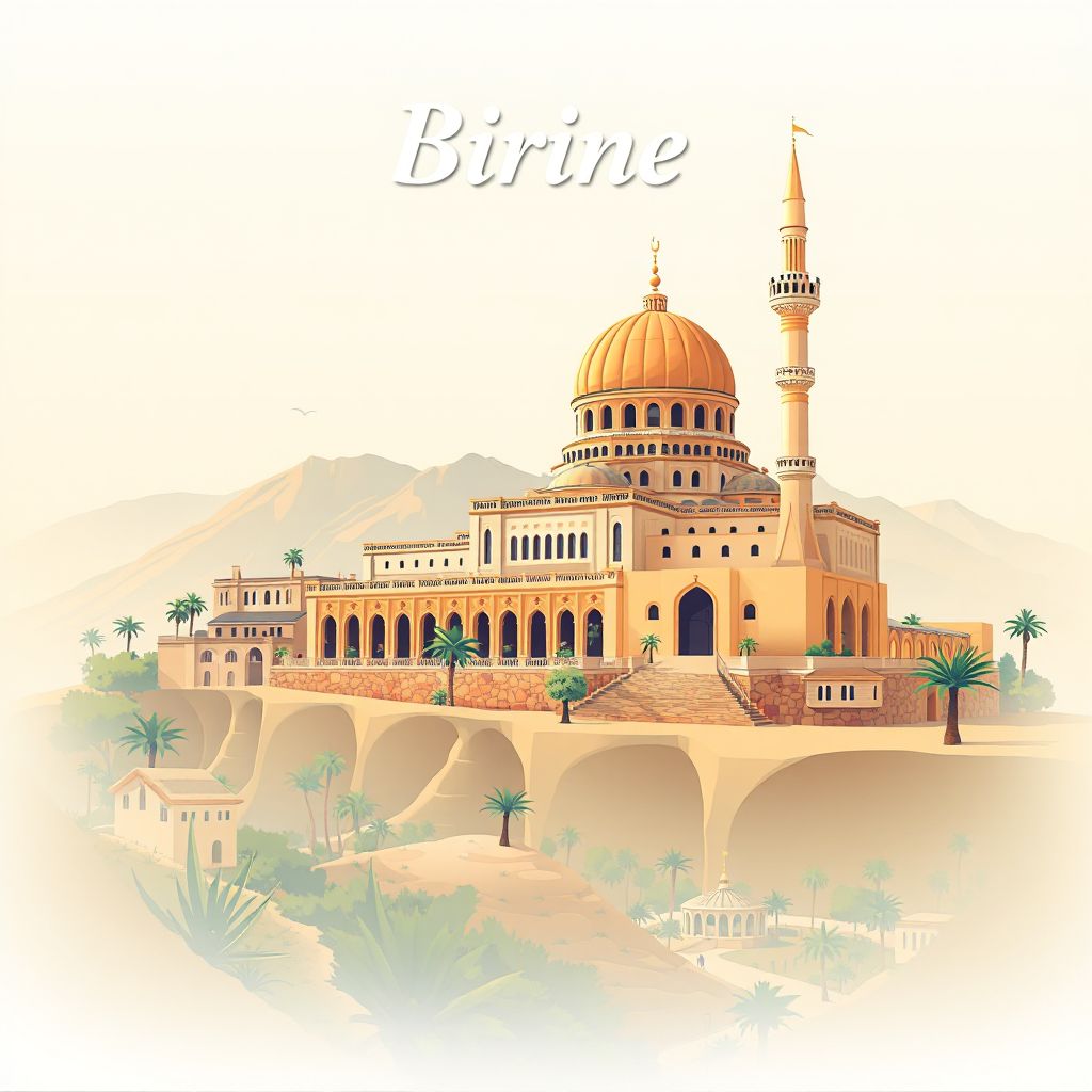 Ultra-high-definition gradient illustration style Birine illustration, showing the unique charm of the Djelfa Mosque and the landscapes of the Djelfa region.