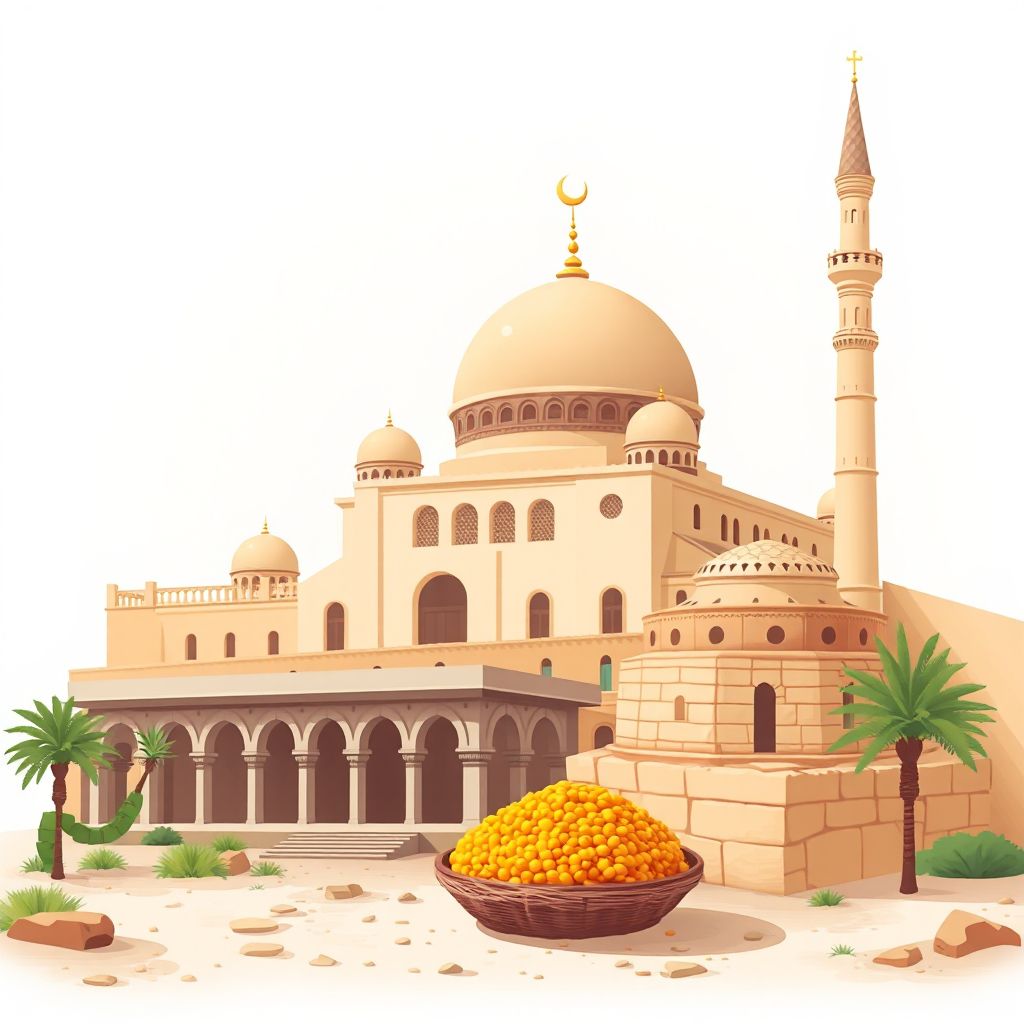 Ultra-high-definition gradient illustration style Ouled Fares illustration, showing the unique charm of the Ouled Fares Mosque, the historic ruins of Tiddis.
