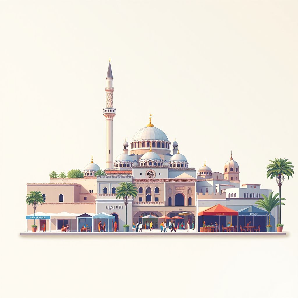Ultra-high-definition gradient illustration style Charef illustration, showing the unique charm of the Djelfa Mosque, the Djelfa Museum, and the local market.