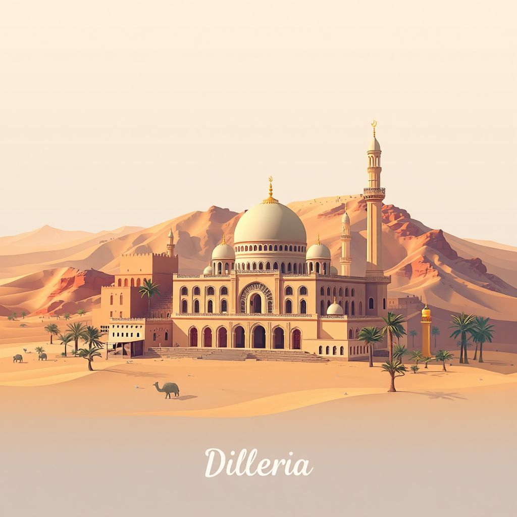 Ultra-high-definition gradient illustration style Dar Chioukh illustration, showing the unique charm of the Djelfa Mosque and the Sahara Desert.