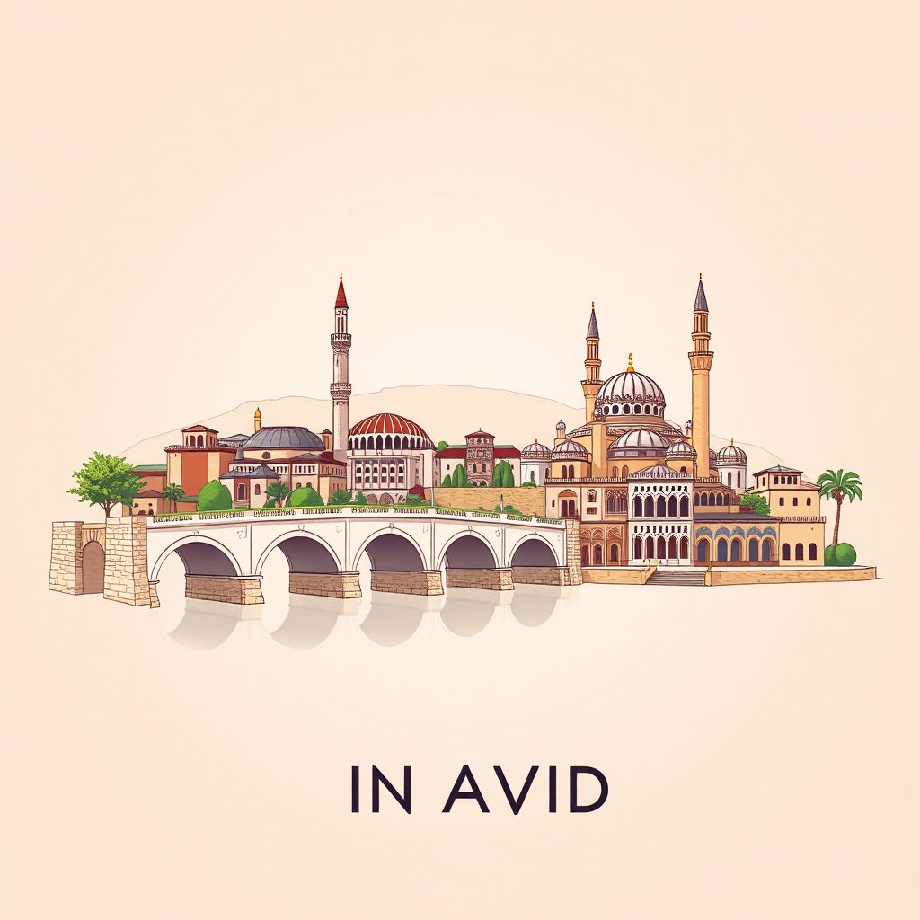 Ultra-high-definition gradient illustration style Ain Abid illustration, showing the unique charm of the Constantine Bridge, the Royal Mosque, and the Cirta Museum.