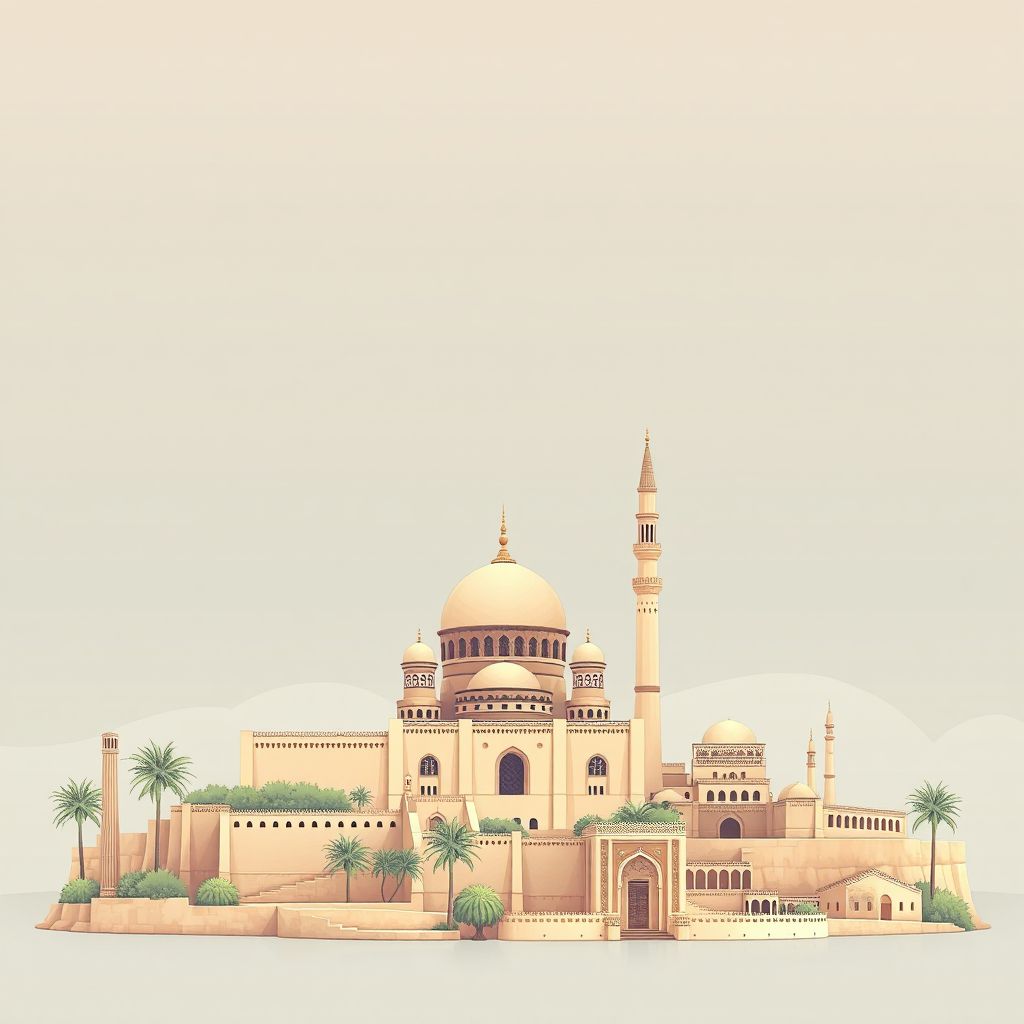 Ultra-high-definition gradient illustration style El Idrissia illustration, showing the unique charm of the Djelfa Mosque, and the historic ruins of the ancient city of Tiddis.
