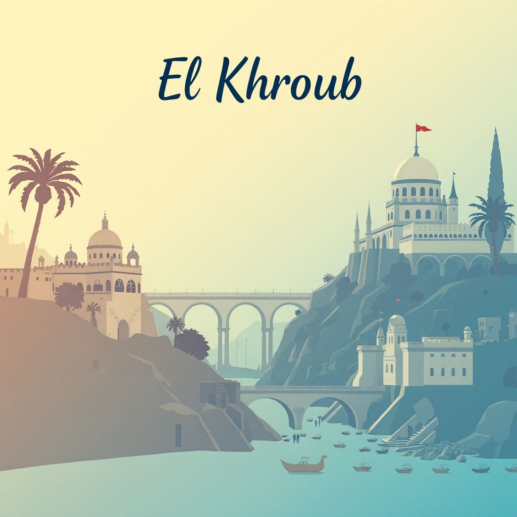 Ultra-high-definition gradient illustration style El Khroub illustration, showing the unique charm of the Constantine Bridge, the Cirta Archaeological Park, and couscous.