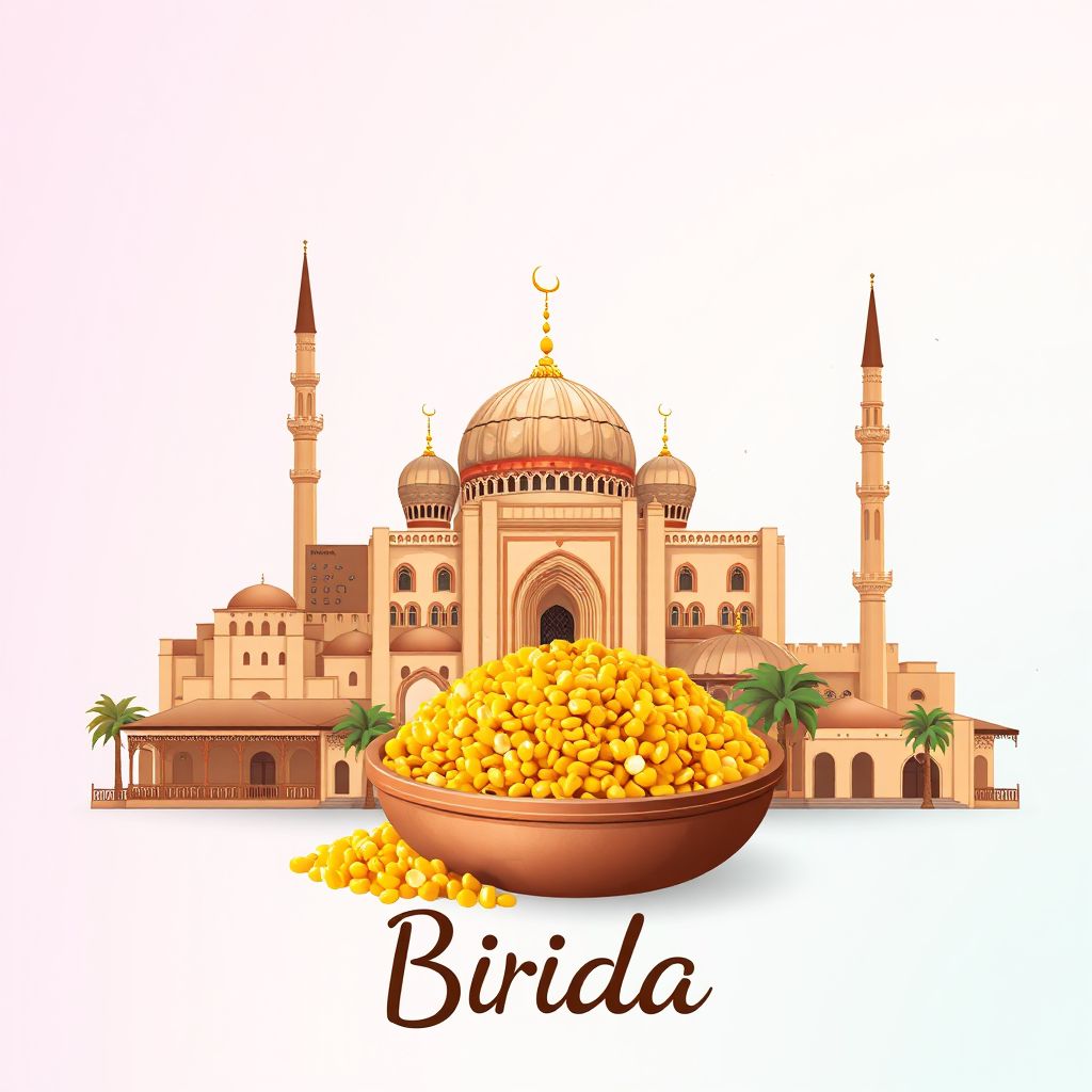 Ultra-high-definition gradient illustration style Brida illustration, showing the unique charm of the Laghouat Mosque and Couscous.