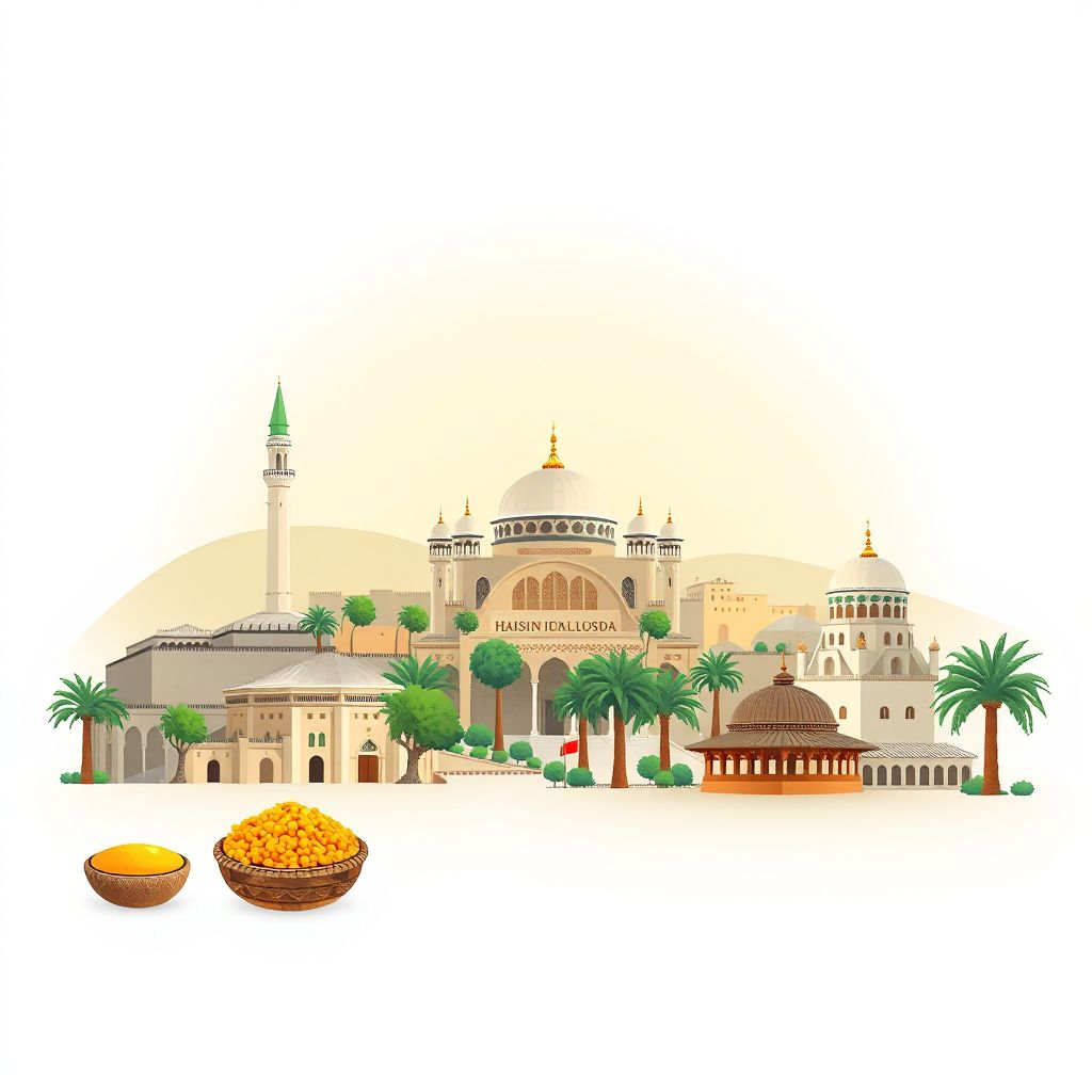 Ultra-high-definition gradient illustration style Hassi Bahbah illustration, showing the unique charm of the Djelfa Mosque, the Djelfa Museum, and traditional Algerian couscous.