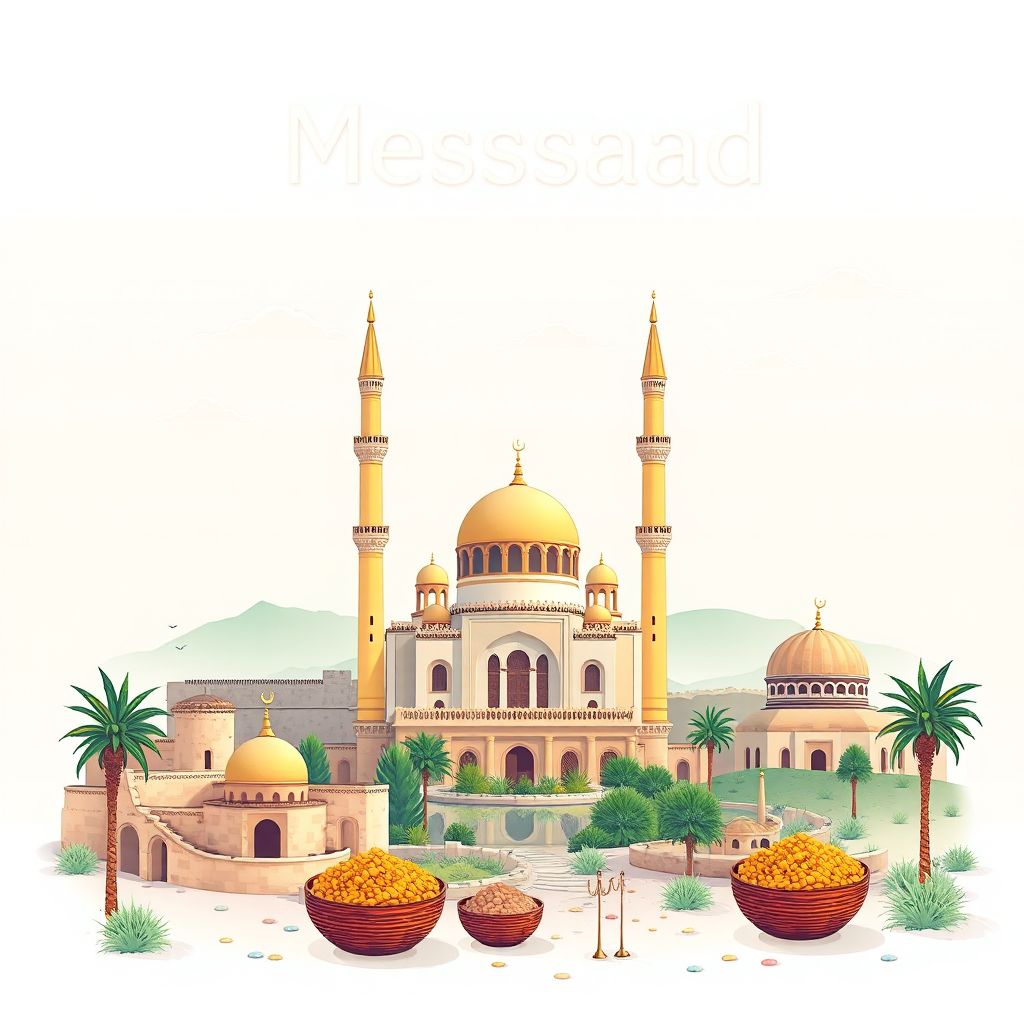 Ultra-high-definition gradient illustration style Messaad illustration, showing the unique charm of the Messaad Mosque, the ancient ruins of Tiddis, and couscous.