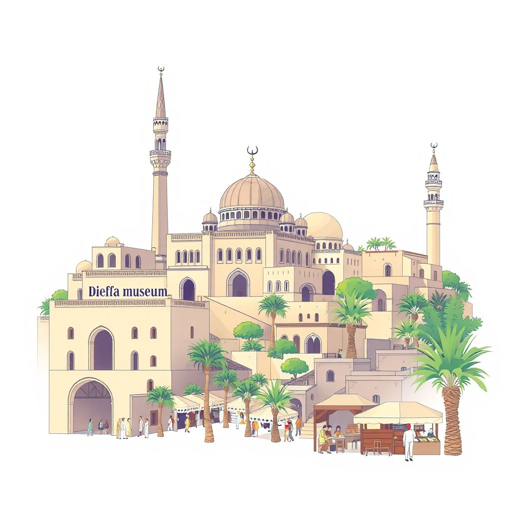 Ultra-high-definition gradient illustration style Sidi Laadjel illustration, showing the unique charm of the Djelfa Mosque, the Djelfa Museum, and the local traditional market.