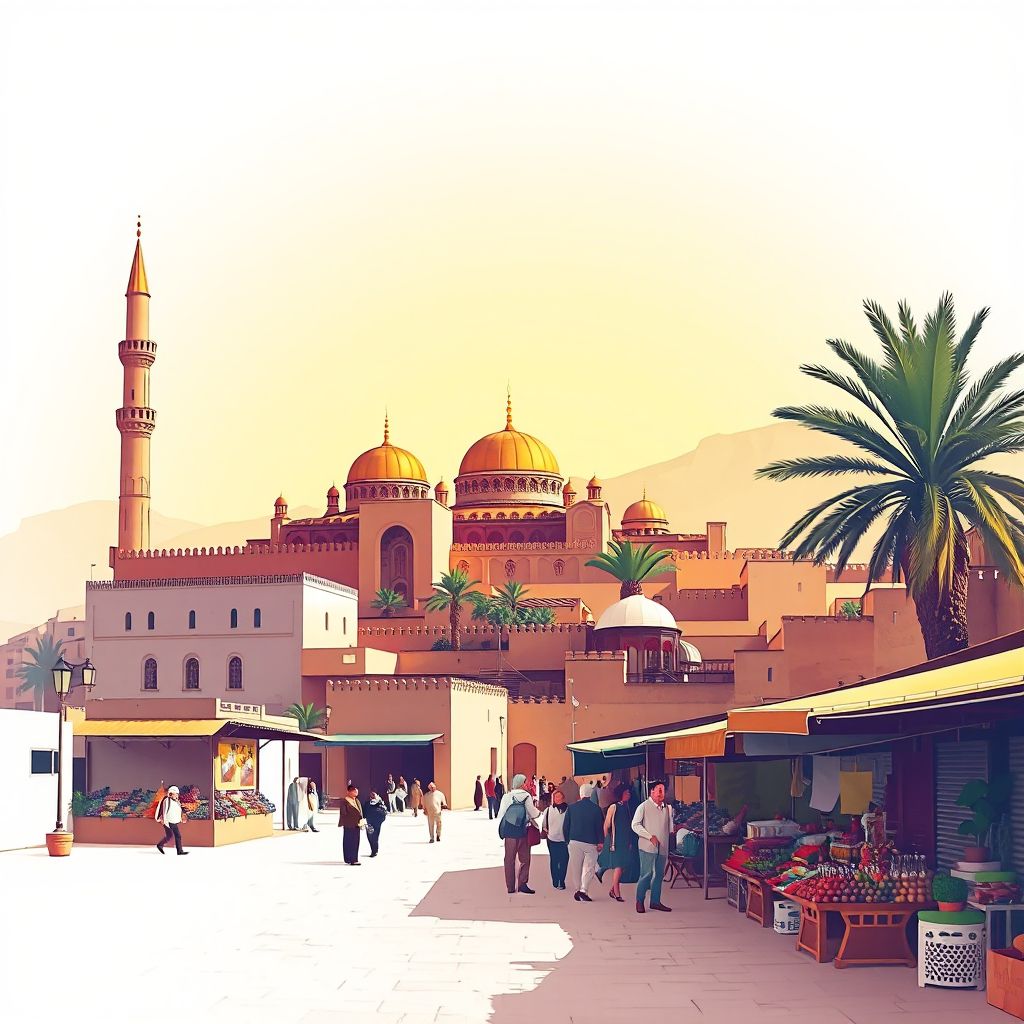 Ultra-high-definition gradient illustration style image of Faidh El Botma, showing the unique charm of the Djelfa Mosque and the local traditional market.