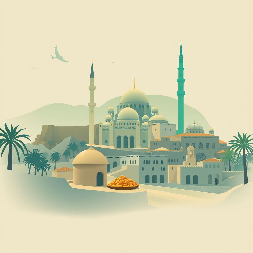 Ultra-high-definition gradient illustration style Taleb Larbi illustration, showing the unique charm of the El Oued Mosque, the ancient ksour, and couscous.