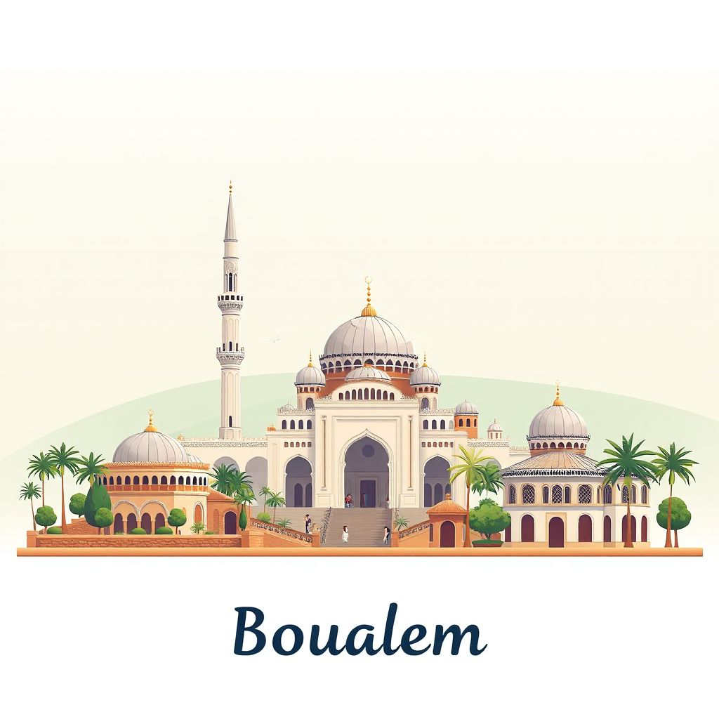 Ultra-high-definition gradient illustration style Boualem illustration, showing the unique charm of the Boualem Mosque, the historic ruins of Tiddis, and traditional Algerian cuisine.