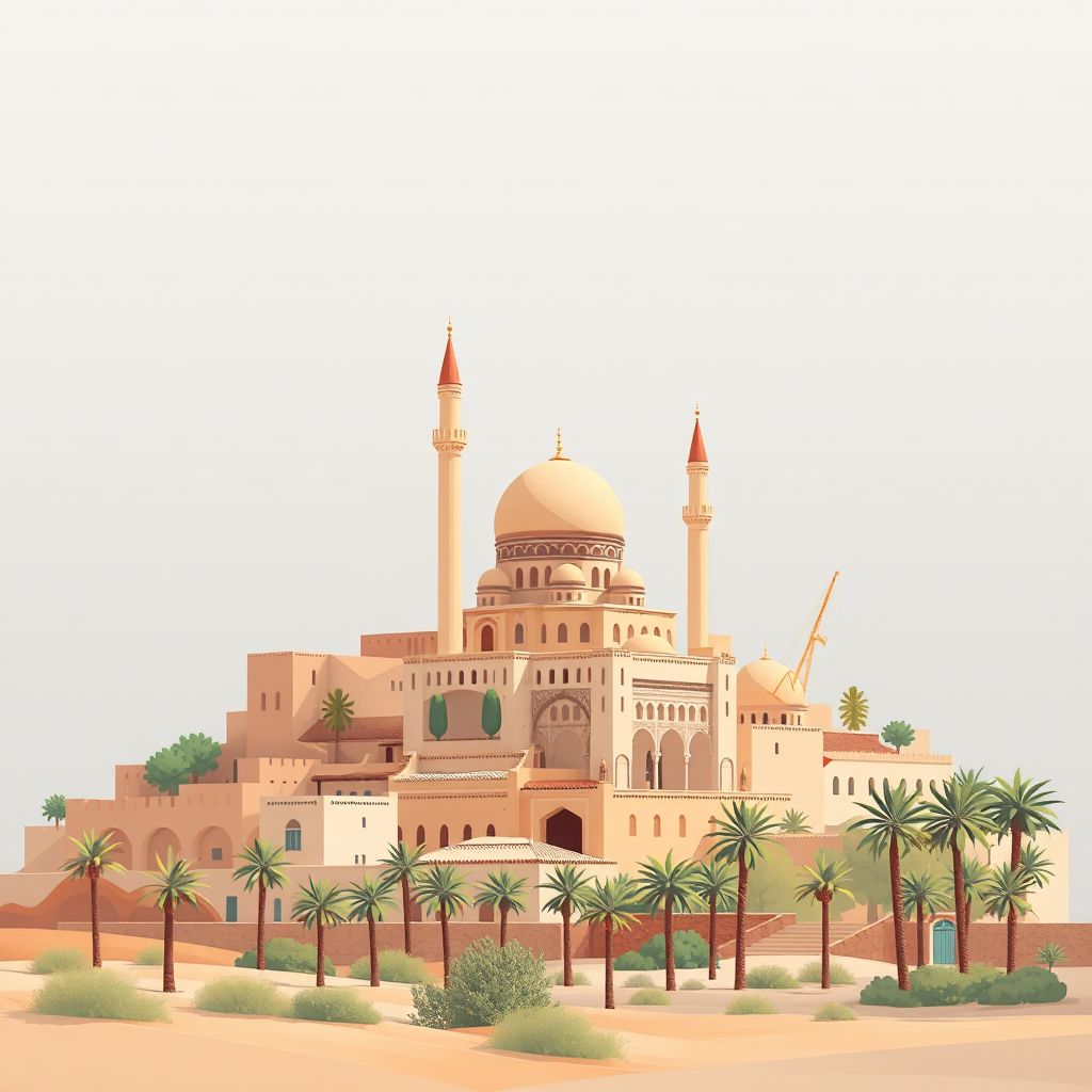 Ultra-high-definition gradient illustration style Berriane illustration, showing the unique charm of the Ghardaia Old Town, the Berriane Mosque, and the local date palm oases.