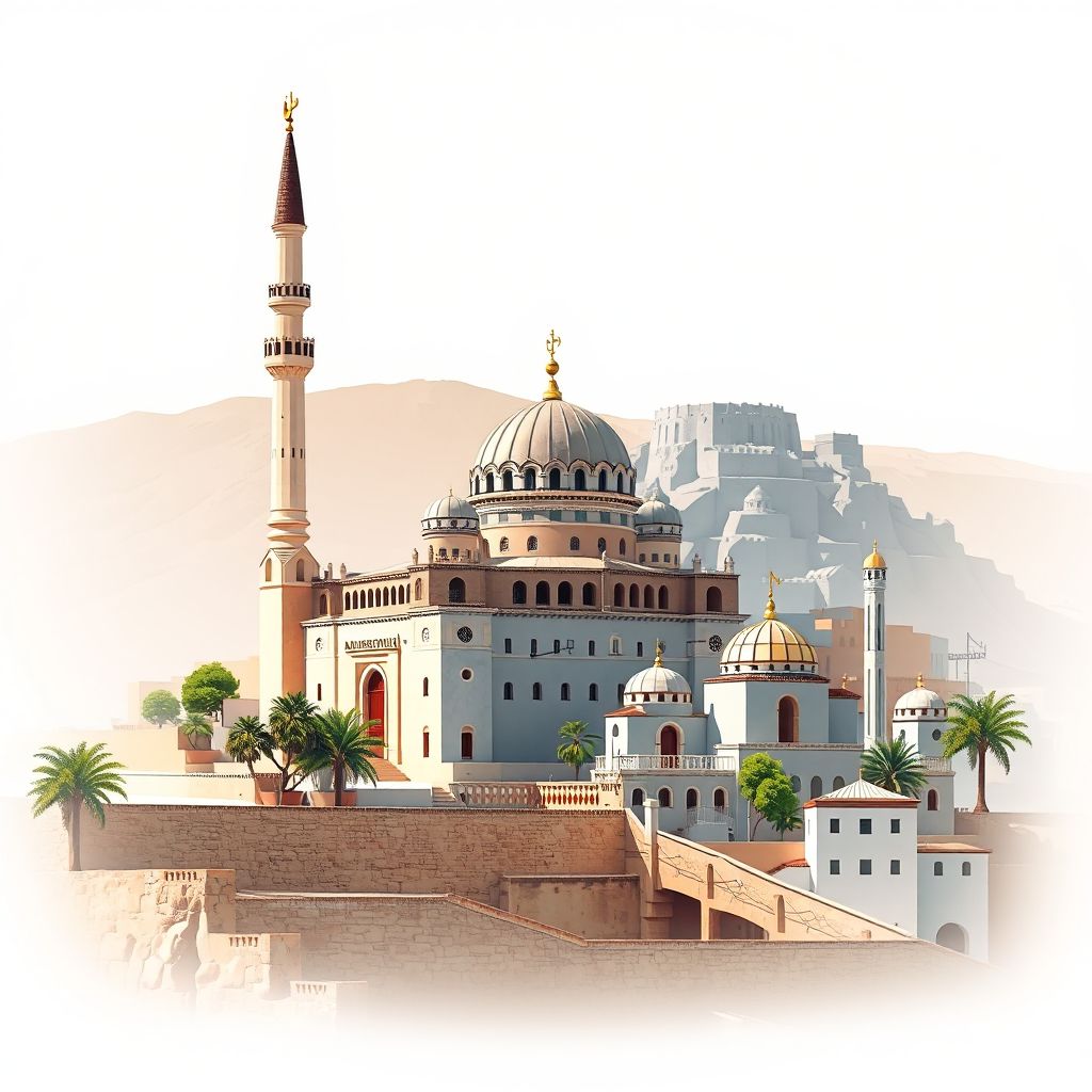 Ultra-high-definition gradient illustration of Bounoura, featuring the Ghardaia Mosque and the historic architecture of the M'zab Valley.