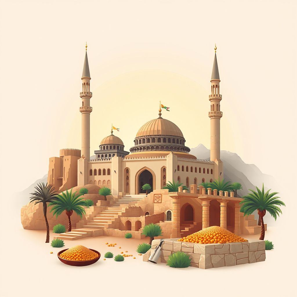 Ultra-high-definition gradient illustration style Bougtoub illustration, showing the unique charm of the Bougtoub Mosque, the ancient ruins of Tiddis, and couscous.