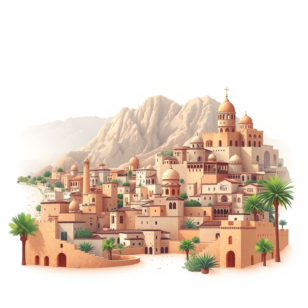 Ultra-high-definition gradient illustration style El Guerrara illustration, showing the unique charm of the Ghardaia Old Town, the M'zab Valley, and traditional Berber architecture.