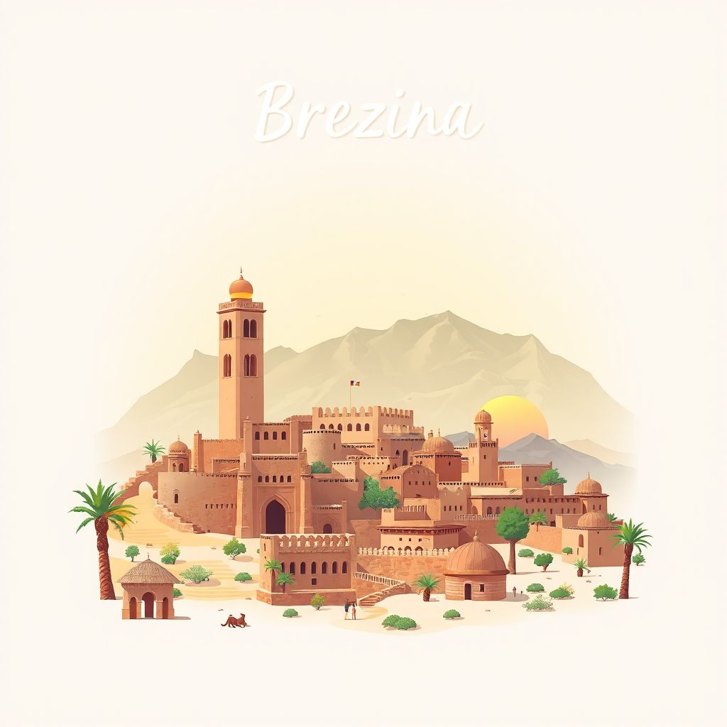 Ultra-high-definition gradient illustration style Brezina illustration, showing the unique charm of the historic Kasbah of El Bayadh, the beautiful landscapes of the Saharan Atlas.