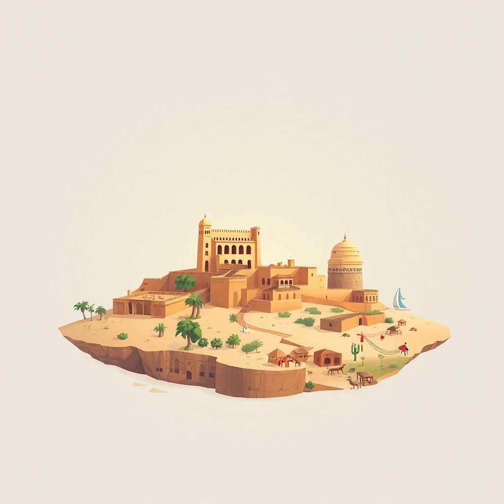 Ultra-high-definition gradient illustration style Chellala illustration, showing the unique charm of the historic ruins of Tiddis, the Sahara Desert, and couscous.