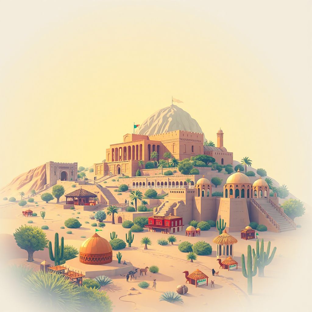 Ultra-high-definition gradient illustration style Rogassa illustration, showing the unique charm of the ancient ruins of Tiddis, the Sahara Desert.