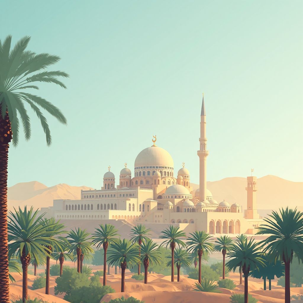 Ultra-high-definition gradient illustration style El Oued illustration, showing the unique charm of the Great Mosque of El Oued, the El Oued Museum, and the palm groves.