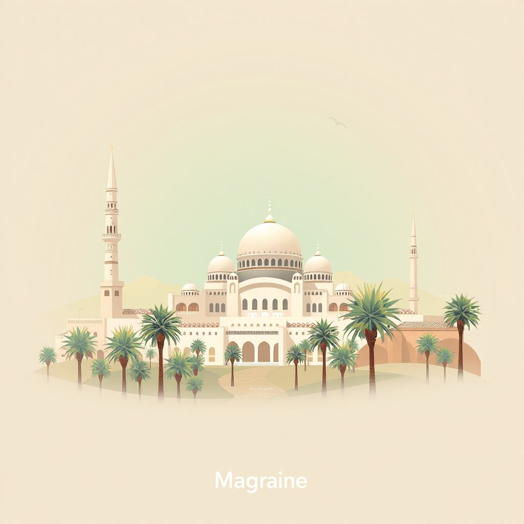 Ultra-high-definition gradient illustration style Magrane illustration, showing the unique charm of the Great Mosque of El Oued, the El Oued Museum, and date palms.