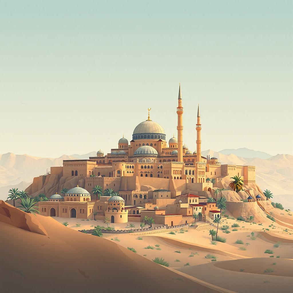 Ultra-high-definition gradient illustration style Mih Ouensa illustration, showing the unique charm of the Great Mosque of El Oued, the ancient ksour, and the unique desert landscapes.