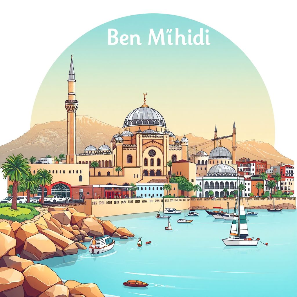 Ultra-high-definition gradient illustration style Ben M'hidi illustration, showing the unique charm of the Ben M'hidi Mosque and the Mediterranean coast.