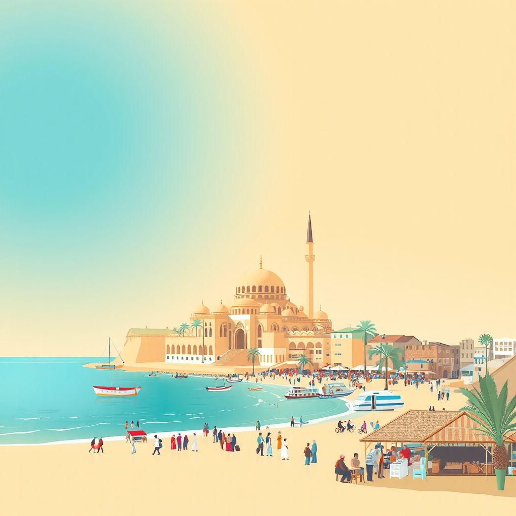 Ultra-high-definition gradient illustration style Bouhadjar illustration, showing the unique charm of the Bouhadjar Mosque, the Bouhadjar Beach, and the local market.