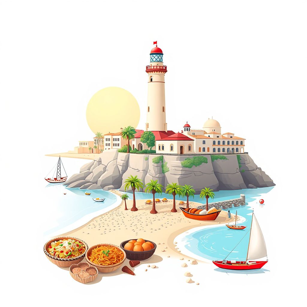 Ultra-high-definition gradient illustration style El Tarf illustration, showing the unique charm of the El Tarf Lighthouse and beautiful beaches.