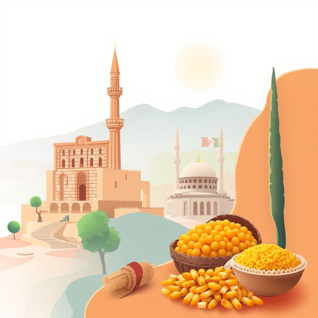 Ultra-high-definition gradient illustration style Ain Makhlouf illustration, showing the unique charm of the Roman Ruins of Guelma, the Ain Makhlouf Mosque, and couscous.