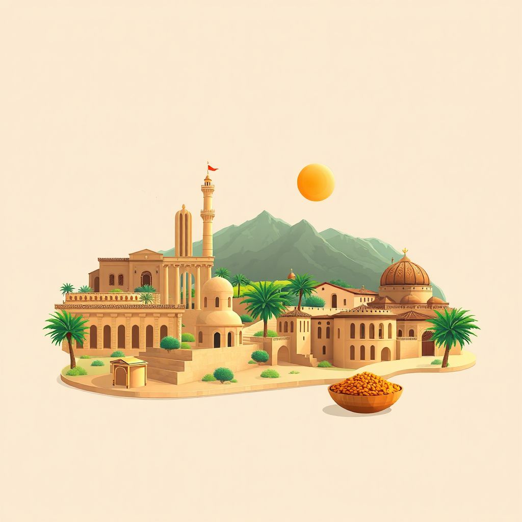 Ultra-high-definition gradient illustration style Guelaat Bousbaa illustration, showing the unique charm of the Roman Ruins of Calama, the Guelma Museum, and traditional Algerian couscous.