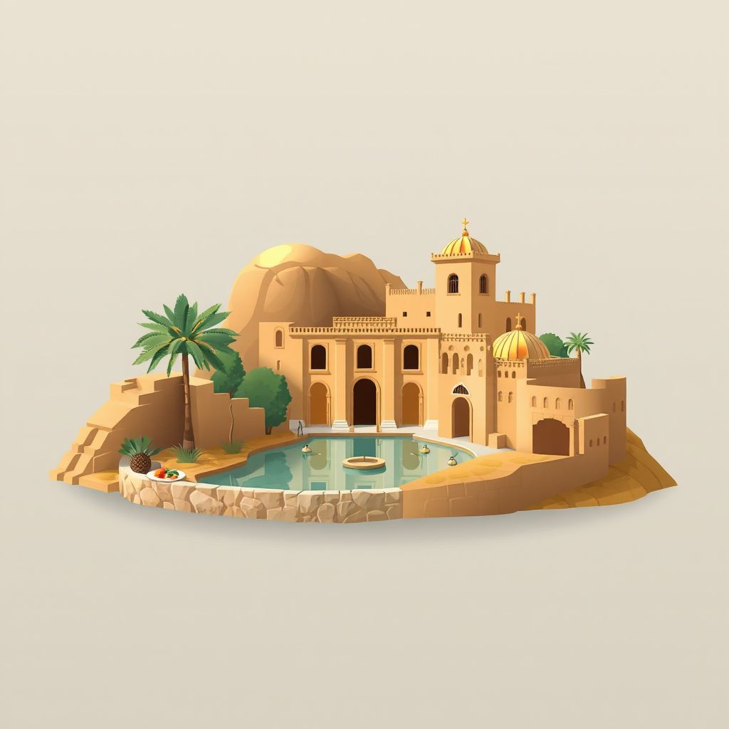 Ultra-high-definition gradient illustration style Hammam Debagh illustration, showing the unique charm of the Hammam Debagh Baths, the ancient ruins of Guelma.