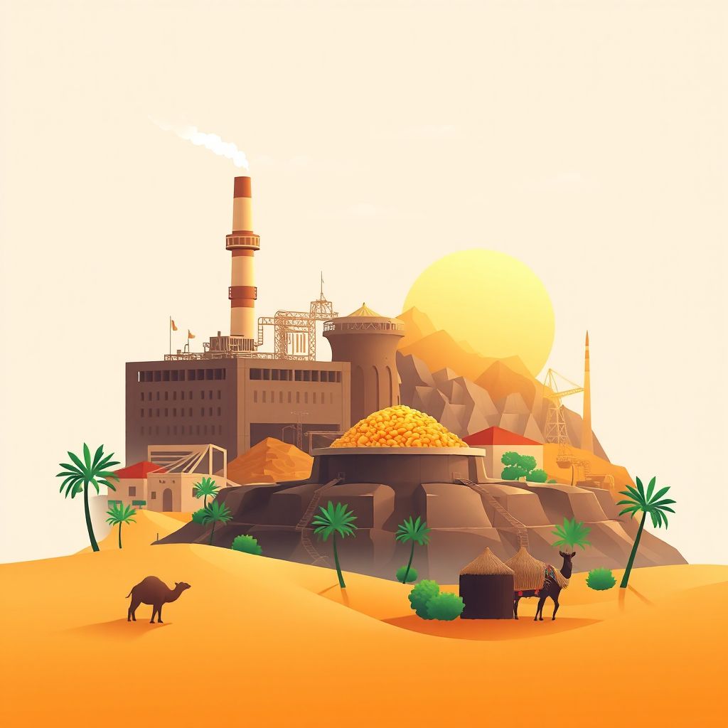 Ultra-high-definition gradient illustration style In Amenas illustration, showing the unique charm of the In Amenas Gas Plant, the Sahara Desert.