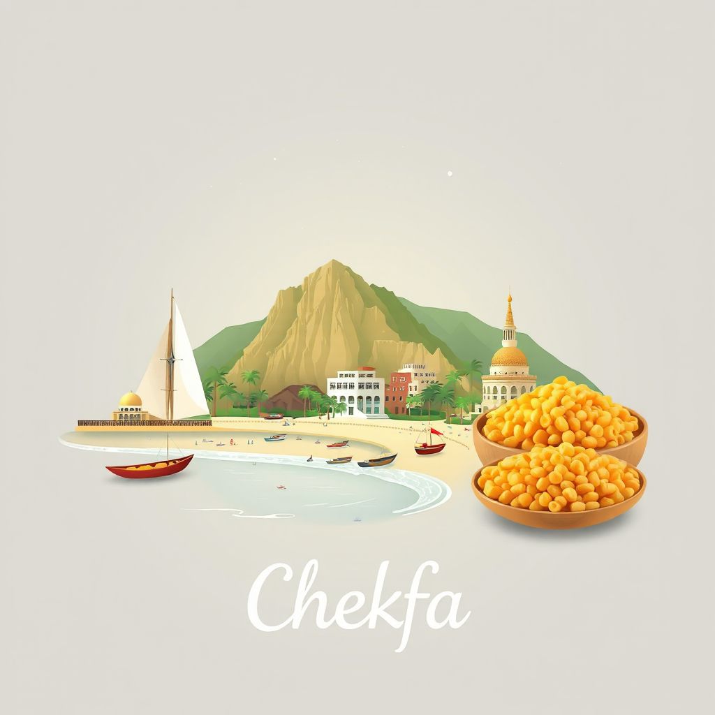 Ultra-high-definition gradient illustration style Chekfa illustration, showing the unique charm of Chekfa Beach and couscous.
