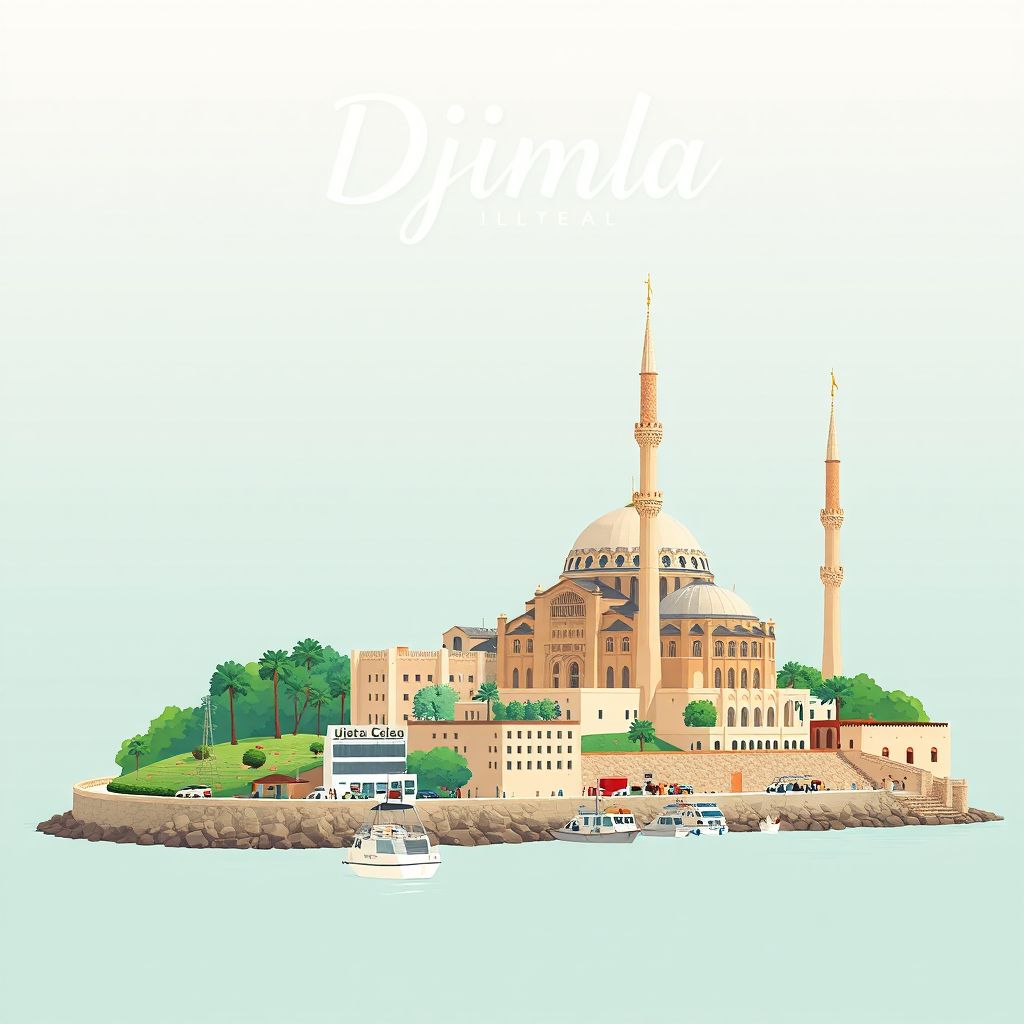 Ultra-high-definition gradient illustration style Djimla illustration, showing the unique charm of the Djimla Mosque and coastal views.