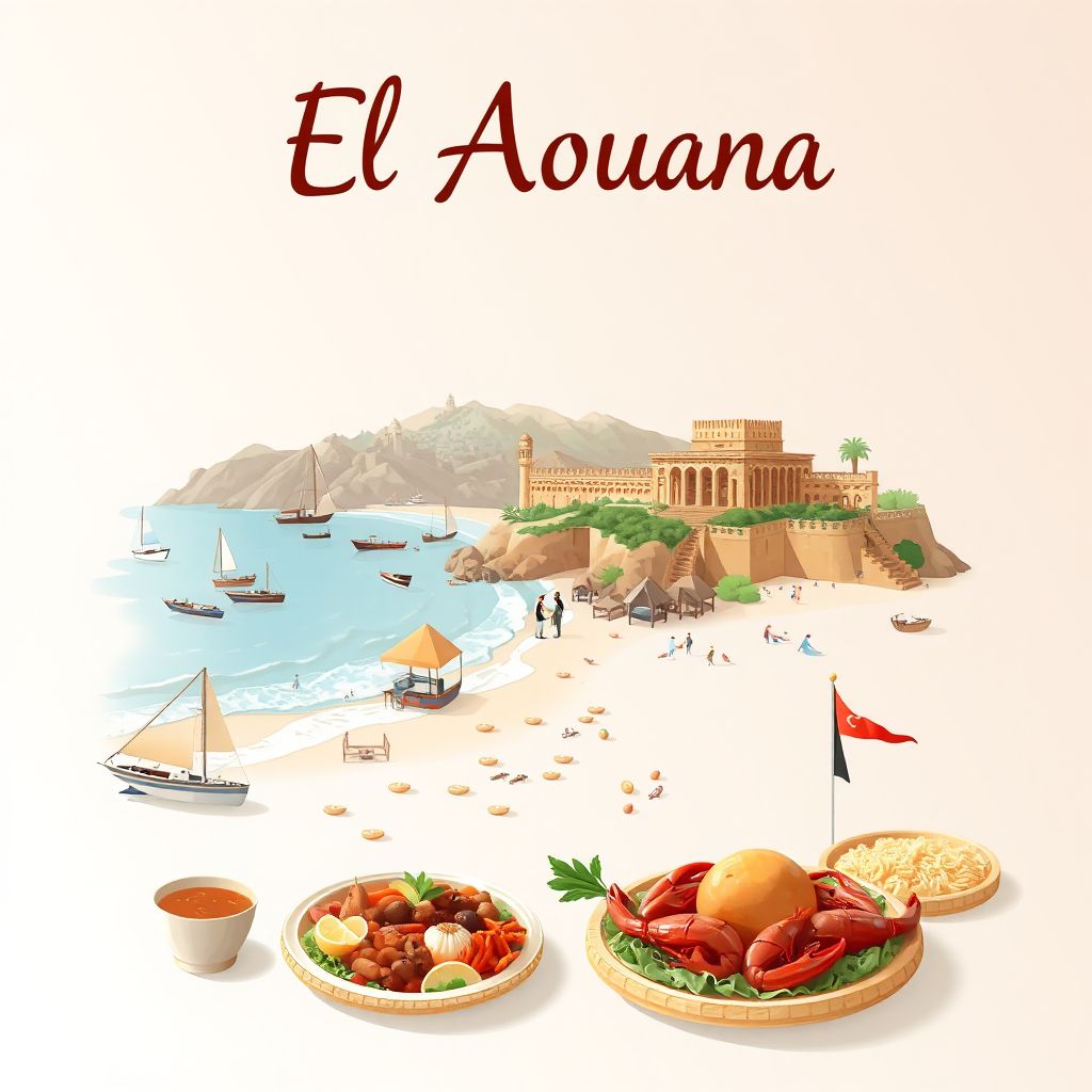 Ultra-high-definition gradient illustration style El Aouana illustration, showing the unique charm of the beautiful beaches and historic ruins.
