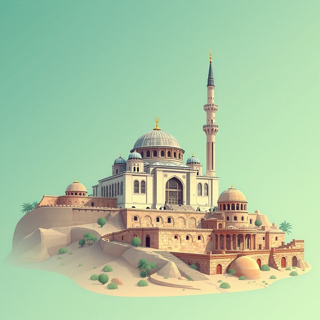 Ultra-high-definition gradient illustration style Taher illustration, showing the unique charm of the Great Mosque of Jijel and the ruins of the ancient city of Igilgili.