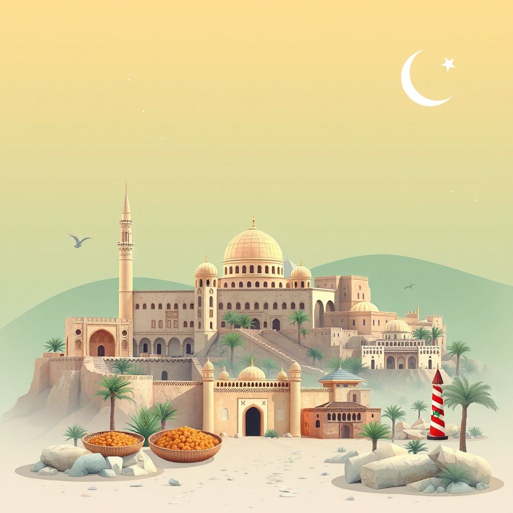 Ultra-high-definition gradient illustration style Oued Morra illustration, showing the unique charm of the Laghouat Mosque, the ancient Kasbah.
