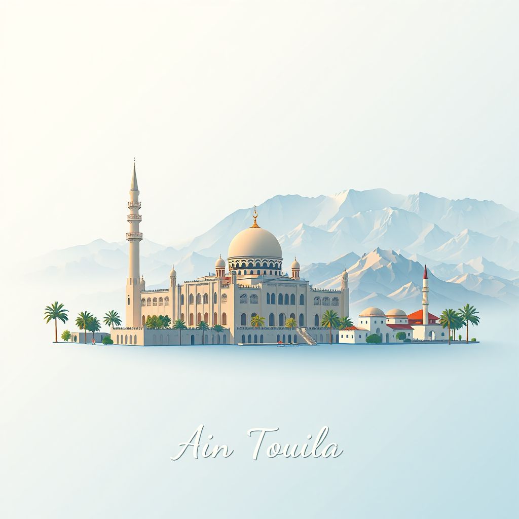 Ultra-high-definition gradient illustration style Ain Touila illustration, showing the unique charm of the Ain Touila Mosque and the Aurès Mountains.